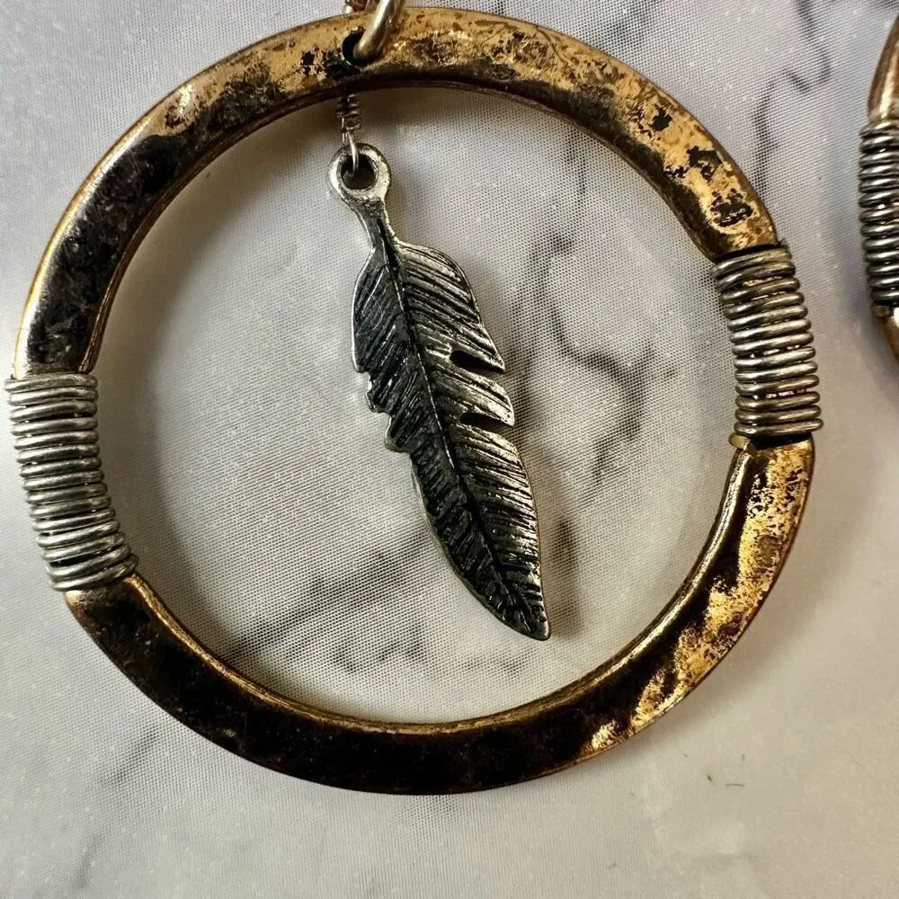 Silver/Gold tone feather circle earrings